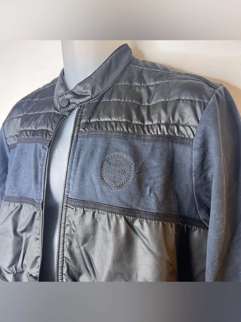 Rare Chevignon Mixed Material Bomber Jacket in Black and Navy